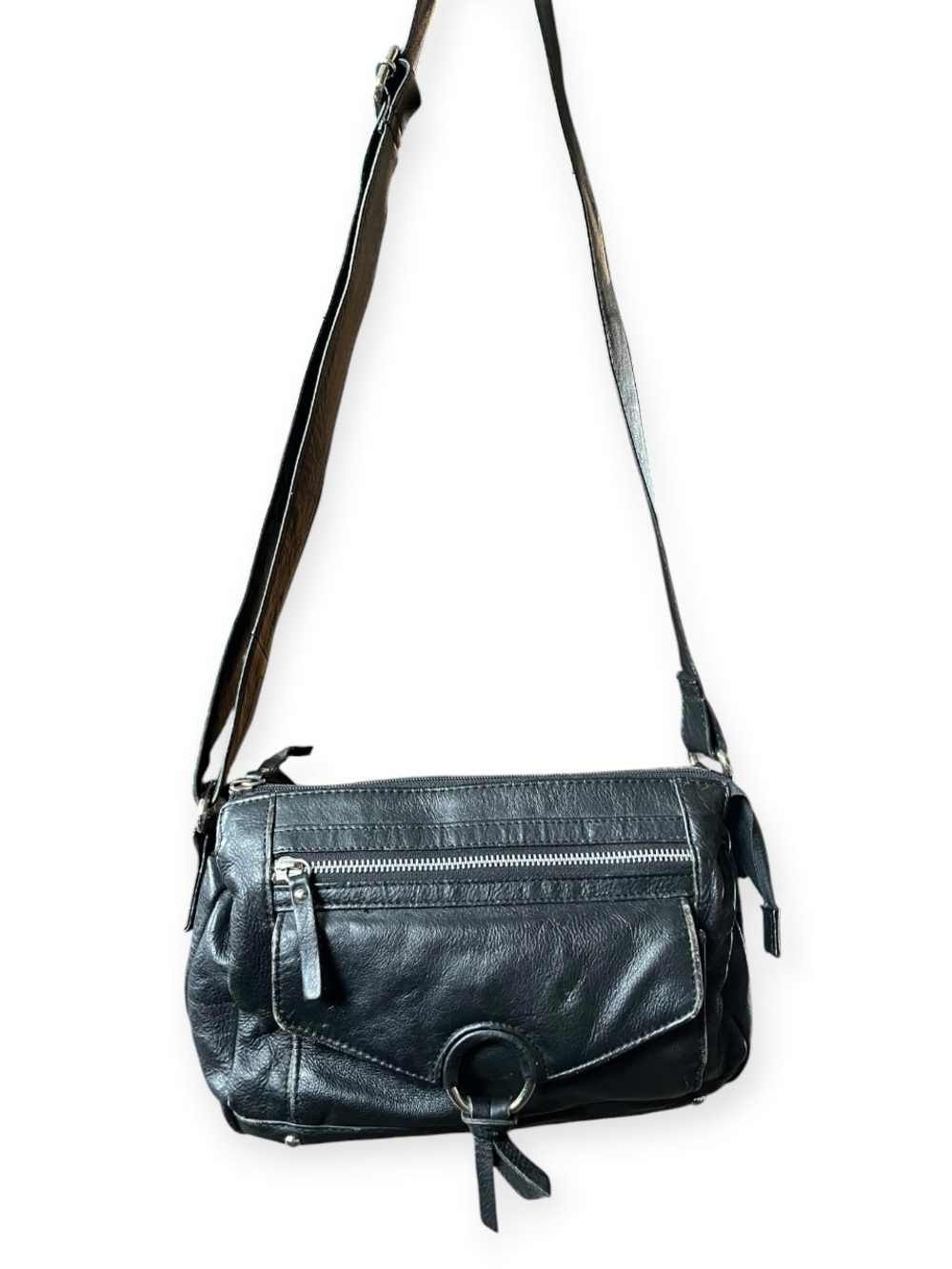 Vintage Black Leather Crossbody Bag Distressed Patina Grunge Punk Goth Boho
